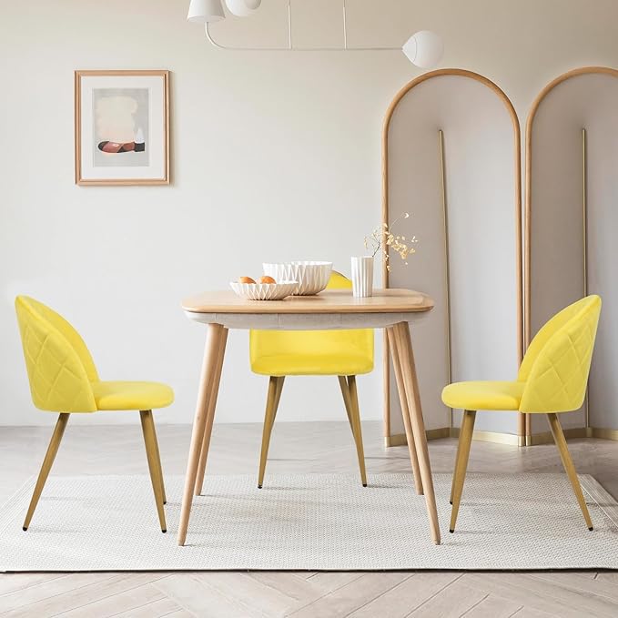 FurnitureR Upholstered Velvet Dining Chair Mid Back Armless with Wood Legs for Home Kitchen Bedroom Living Room, Set of 2, Yellow - LeafyLoom