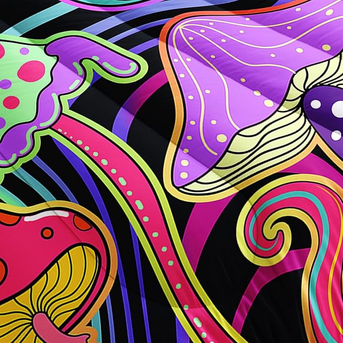 Colorful Mushroom Comforter Set Full Size Kids 3D Mushroom Bedding Set Cute Hippy Theme Quilt Bed Set for Boys Girls Adults with 1 Comforter and 2 Pillowcases - LeafyLoom