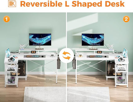 ODK 48 Inch Gaming Desk with USB Charging Ports and LED Lights, Reversible L Shaped Computer Desk with Storage Shelves & Monitor Stand, Corner Home Office Desk Table with Power Outlets, White - LeafyLoom