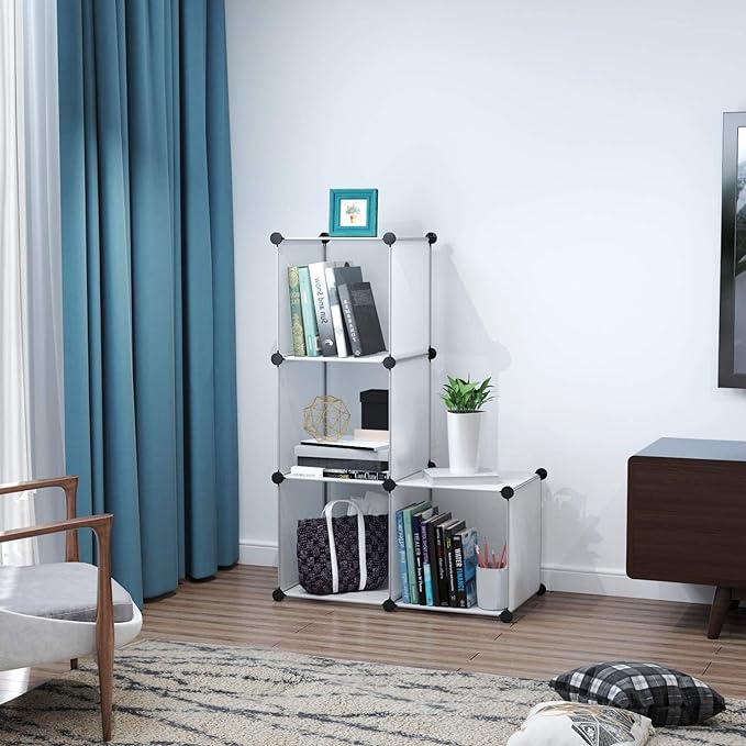 C&AHOME Cube Storage Organizer, 4-Cube Shelving Units, DIY Closet Storage, Modular Book Shelf, Ideal for Bedroom, Living Room, Office, 24.8" L x 12.4" W x 24.8" H Translucent White SBTM3004A - LeafyLoom
