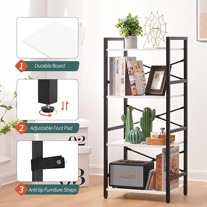 Yoobure 4 Tier Bookshelf - Small Book Shelf Industrial Bookcase, Narrow Book Case Book Storage Organizer for CD/Movie/Book, Bookshelves for Bedroom Office Living Room White - LeafyLoom