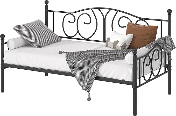 VECELO Twin Daybed Frame, Metal Day Bed with Classic Headboard, Multifunctional Platform Beds for Bedroom, Living Room, Guest Room, No Boxing Spring Needed, Black - LeafyLoom