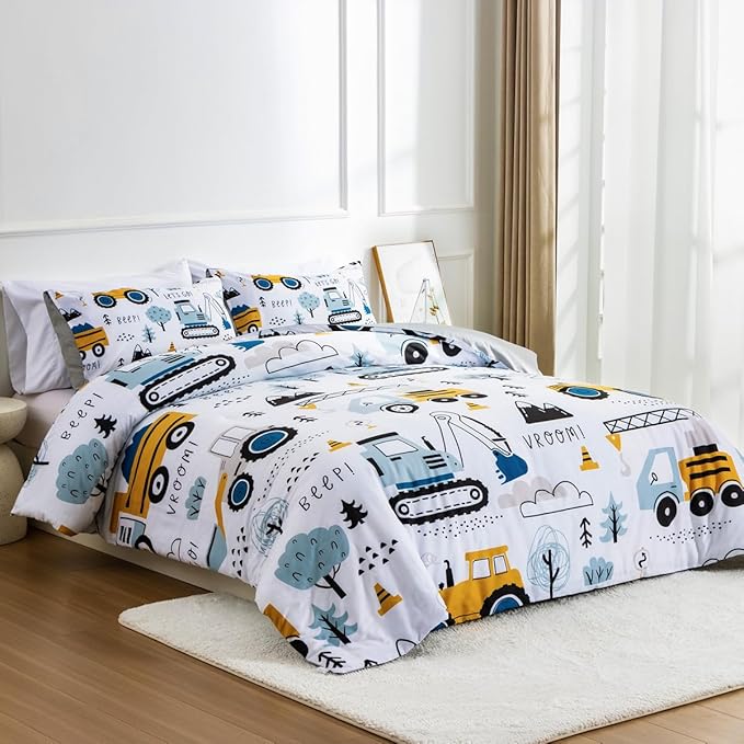NTBED Construction Truck Twin Comforter Set for Boys Kids Forest Vehicles Excavator Tractor Lightweight Microfiber Cars Bedding Sets - LeafyLoom