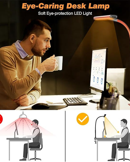 LED Desk Lamp for Office Home, Eye-Caring Desk Light with Stepless Dimming Adjustable Flexible Gooseneck, 10W USB Adapter Desk Lamp with Clamp for Reading, Study, Workbench (Red) - LeafyLoom