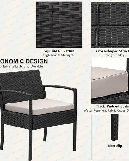 3 Pieces Patio Furniture Set, Balcony Furniture, Patio Bistro Set All-Weather Wicker Chairs Conversation Set with Cushions Table for Outdoor Backyard Porch Lawn (Black-Grey) - LeafyLoom