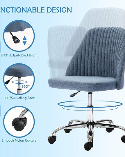 HOMEFLA Home Office Modern Linen Swivel Task Upholstered Fabric Desk Chair Armless with Wheels, Middle, Blue - LeafyLoom