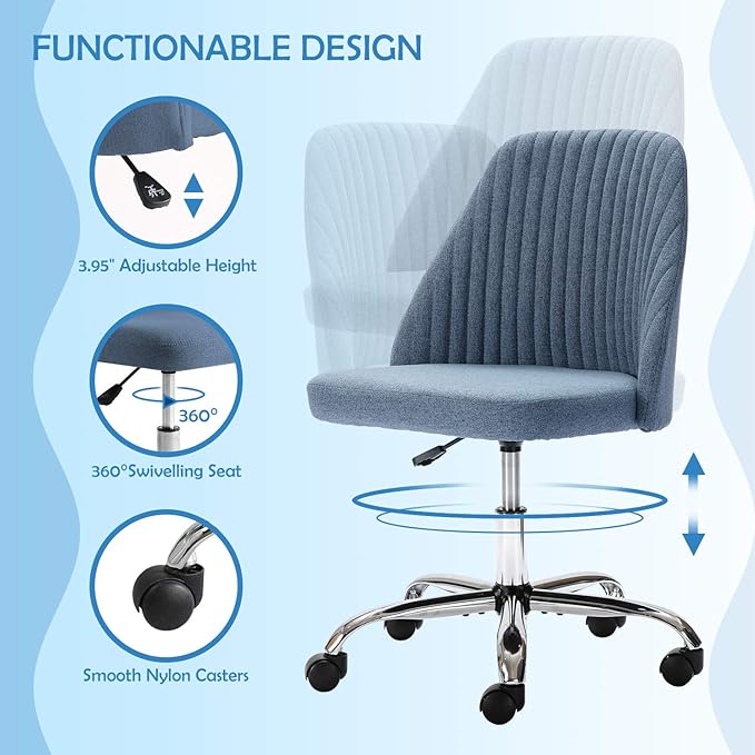 HOMEFLA Home Office Modern Linen Swivel Task Upholstered Fabric Desk Chair Armless with Wheels, Middle, Blue - LeafyLoom