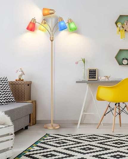 FOLKSMATE LED Floor Lamp, Medusa Multi Head Modern Tall Standing Lamps, Adjustable Corner Reading Floor Light for Living Room, Bedroom, Kids Room, White and Colored Lampshades, Brass Gold - LeafyLoom