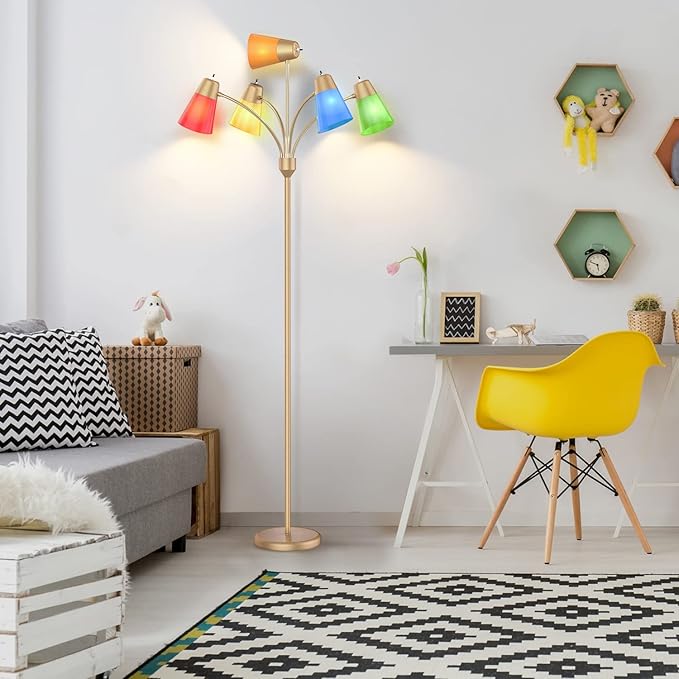 FOLKSMATE LED Floor Lamp, Medusa Multi Head Modern Tall Standing Lamps, Adjustable Corner Reading Floor Light for Living Room, Bedroom, Kids Room, White and Colored Lampshades, Brass Gold - LeafyLoom