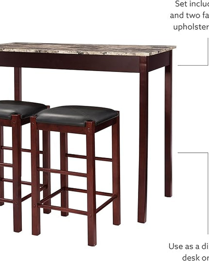 Linon Brown 3-Piece Table Faux Marble Tavern Set, 42" w x 22.25" d x 36" h - LeafyLoom