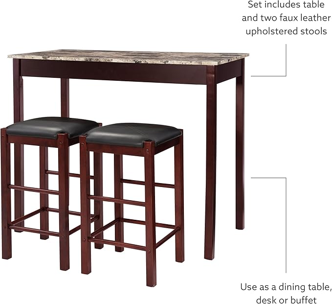 Linon Brown 3-Piece Table Faux Marble Tavern Set, 42" w x 22.25" d x 36" h - LeafyLoom