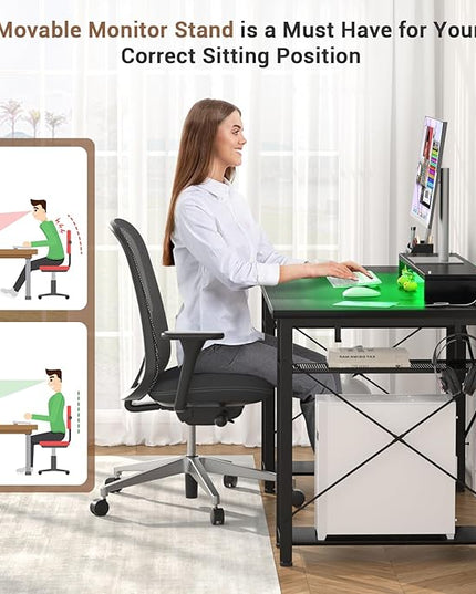 armocity Computer Desk with LED Lights, 48 Inch Reversible Large Desk with Power Outlet and USB, 48'' Gaming PC Table with Moveable Monitor Stand for Home Office, Workstation, Black - LeafyLoom