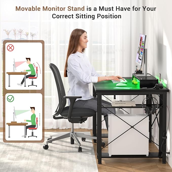 armocity Computer Desk with LED Lights, 48 Inch Reversible Large Desk with Power Outlet and USB, 48'' Gaming PC Table with Moveable Monitor Stand for Home Office, Workstation, Black - LeafyLoom