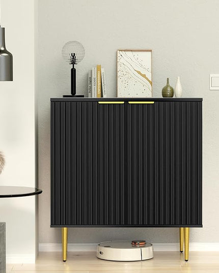 Black Fluted Buffet Cabinet,Wood Sideboard Buffet Cabinet with Adjustable Shelf, Fluted Accent Cabinet with Rose Gold Colored Metal Legs, Storage Cabinet for Living Room,Dining Room,Kitchen - LeafyLoom