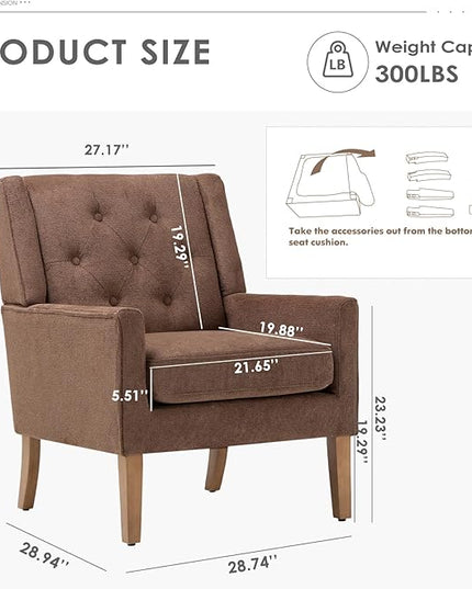 COLAMY Mid-Century Accent Chairs, Modern Wingback Living Room Chair, Upholstered Armchair with Button Tufted Back and Wood Legs for Bedroom/Office/Reading Spaces, Brown - LeafyLoom