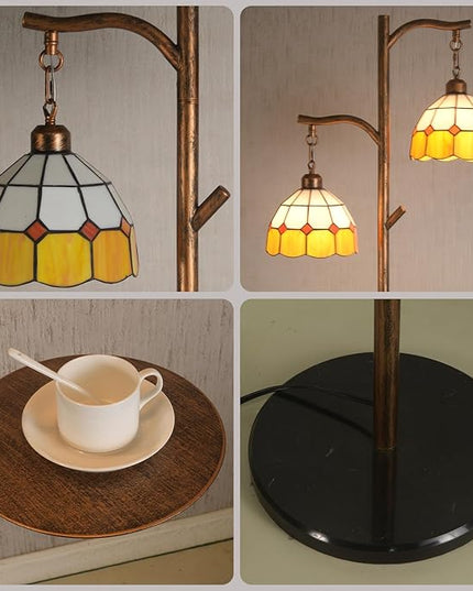 Tiffany Style Stained Glass Retro Floor Lamp with Tray,Dimmable Led Floor Lamps, Custom Color Temperature Standing Lamp with Remote for Living Room and Bedroom,Painted Red Copper - LeafyLoom