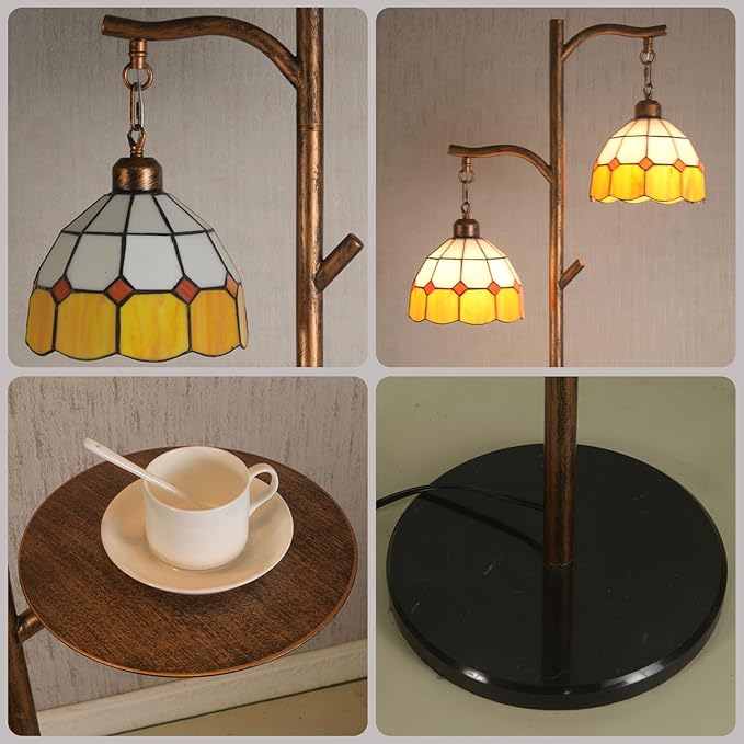 Tiffany Style Stained Glass Retro Floor Lamp with Tray,Dimmable Led Floor Lamps, Custom Color Temperature Standing Lamp with Remote for Living Room and Bedroom,Painted Red Copper - LeafyLoom