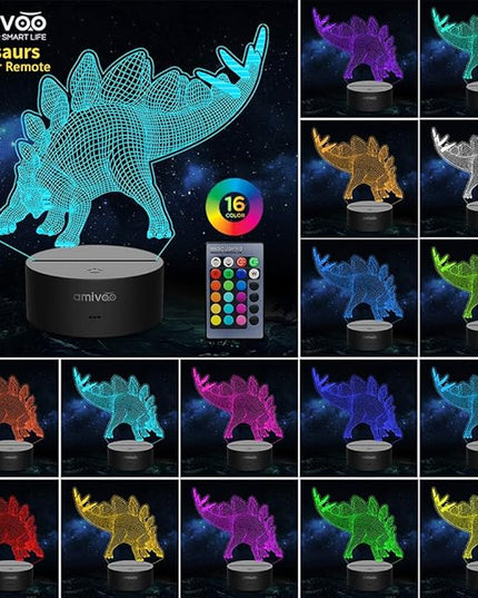 Dinosaur 3D Night Light for Kids 16 Colors Changing 3D Optical Illusion Lamp with Smart Touch & Remote Control, Best Gift for Girls Boys Kids (Stegosaurus) - LeafyLoom