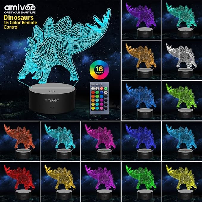 Dinosaur 3D Night Light for Kids 16 Colors Changing 3D Optical Illusion Lamp with Smart Touch & Remote Control, Best Gift for Girls Boys Kids (Stegosaurus) - LeafyLoom