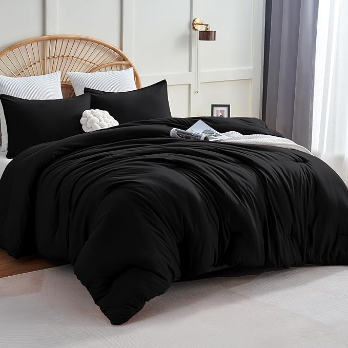 CozyLux California King Comforter Set Black, 3 Pieces Cal King Solid Breathable Boho Style Bedding Sets, Cozy Luxury Fluffy Soft Microfiber Quilt Comforter for All Season(1 Comforter & 2 Pillowcases) - LeafyLoom