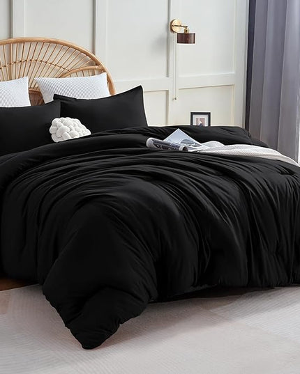 CozyLux Black Comforter Set Full Size, 3 Pieces Solid Breathable Quilted Style Bedding Sets, Luxury Fluffy Soft Microfiber Comforter for All Season(1 Comforter & 2 Pillowcases) - LeafyLoom