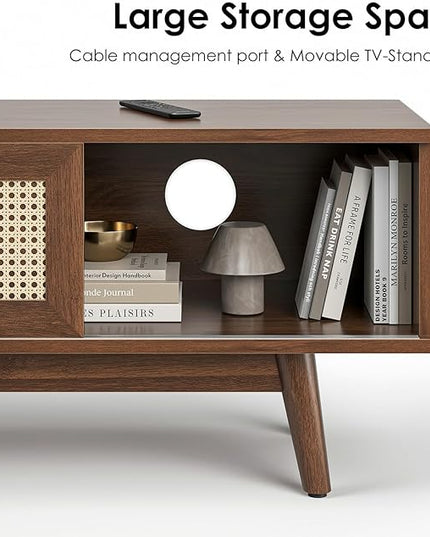 STARY 65''Mid Century Modern TV Stand,Boho Media Console Entertainment Center with Cable Management for Living Room, Walnut - LeafyLoom
