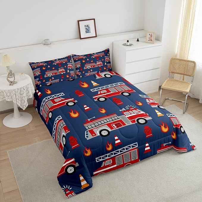 Cartoon Car Bedding Set Fire Truck Comforter Set for Kids Boys Girls Teens Room Decor Firefighter Comforter Firemen Car Vehicle Fire Engine Blue Red Duvet Set 3Pcs Queen Size - LeafyLoom