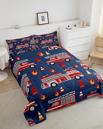 Cartoon Car Bedding Set Fire Truck Comforter Set for Kids Boys Girls Teens Room Decor Firefighter Comforter Firemen Car Vehicle Fire Engine Blue Red Duvet Set 2Pcs Twin Size - LeafyLoom