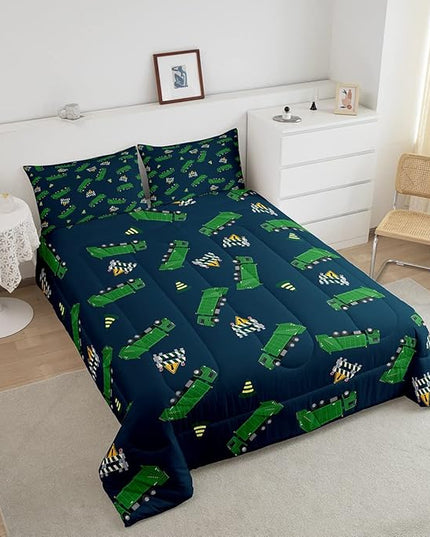 Feelyou Garbage Truck Toy Print Warm Comforter Setfor Kids Boys, Green Garbage Truck Bedding Set Cartoon Equipment Comforter Navy Blue Decor All Season Quilt Room 3Pcs King Size Boys - LeafyLoom