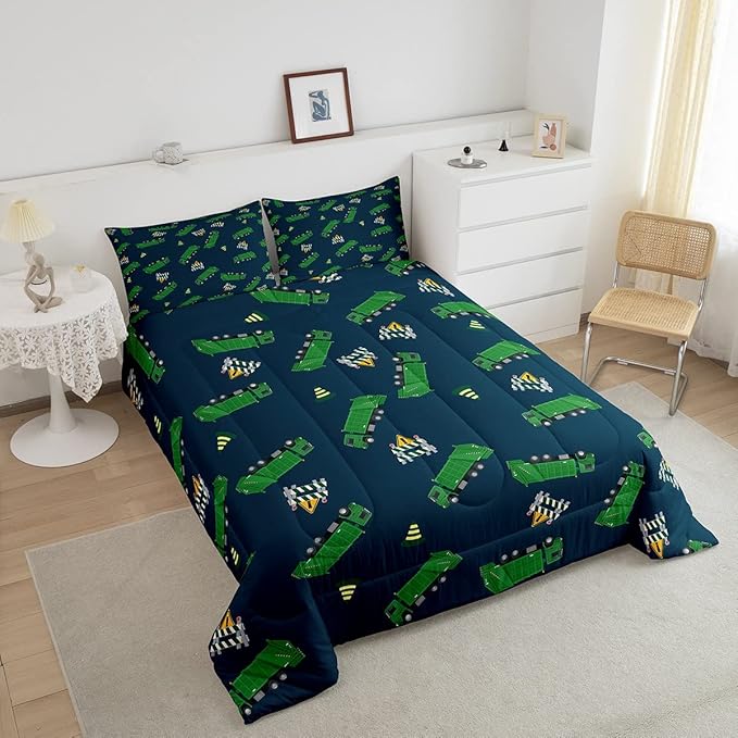 Feelyou Garbage Truck Toy Print Warm Comforter Setfor Kids Boys, Green Garbage Truck Bedding Set Cartoon Equipment Comforter Navy Blue Decor All Season Quilt Room 3Pcs King Size Boys - LeafyLoom
