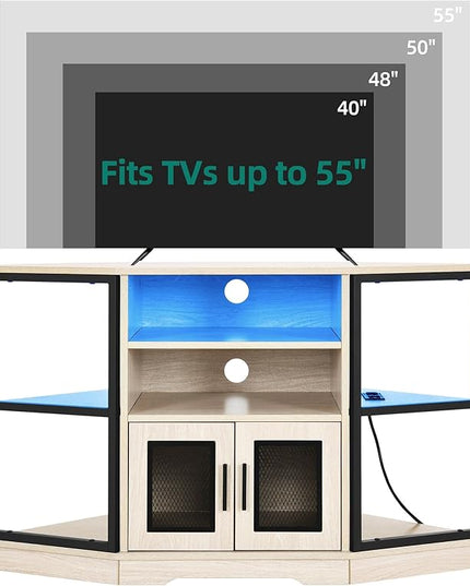 YITAHOME RGB LED Corner TV Stand for TVs up to 55/50 Inch with Power Outlet, Modern Farmhouse Entertainment Center, Wood TV Media Console with Storage Shelves for Living Room, White Oak - LeafyLoom