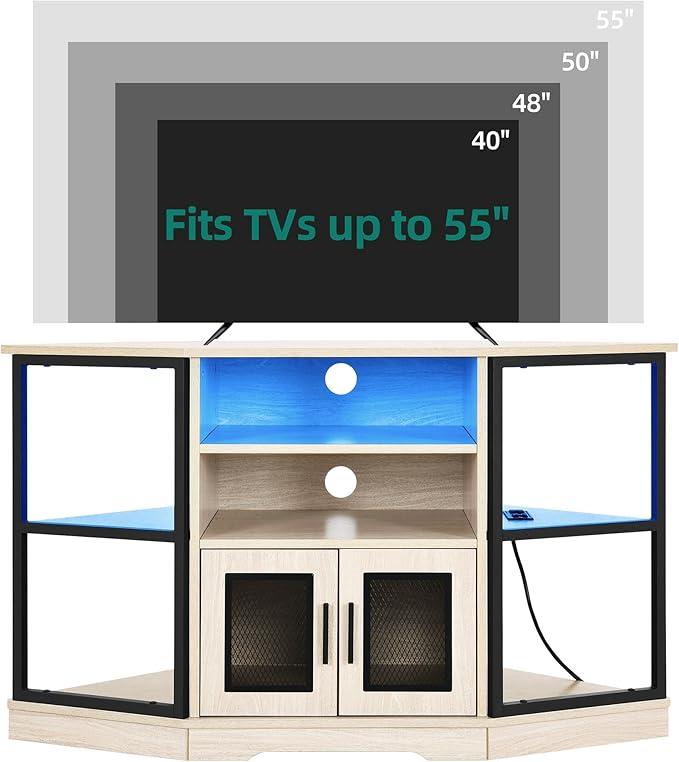 YITAHOME RGB LED Corner TV Stand for TVs up to 55/50 Inch with Power Outlet, Modern Farmhouse Entertainment Center, Wood TV Media Console with Storage Shelves for Living Room, White Oak - LeafyLoom