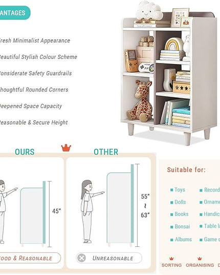 Wooden Cube Bookcase with Legs - 3-Tier Open Shelf Kidsroom Sorted Storage Cabinet Organizer for Books and Toys, 5-Cube Lattice Cute Cubby Bookshelf in White Mixed Mocha Brown, 24" W - LeafyLoom