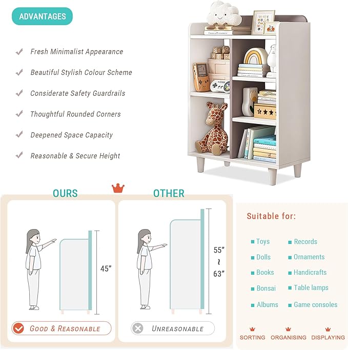 Wooden Cube Bookcase with Legs - 3-Tier Open Shelf Kidsroom Sorted Storage Cabinet Organizer for Books and Toys, 5-Cube Lattice Cute Cubby Bookshelf in White Mixed Mocha Brown, 24" W - LeafyLoom