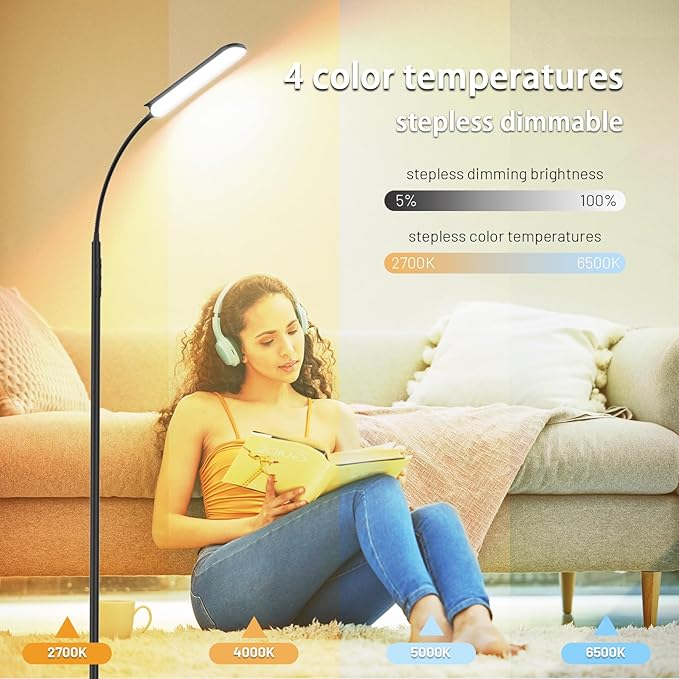 LED Floor Lamp, 18W Bright Floor Lamps Living Room with Remote & Touch Control, Stepless Adjustable Color Temperatures & Brightness Standing Lamp, Timer, Eye Caring Reading Lights for Bedroom, Office - LeafyLoom