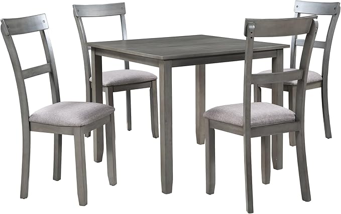 5 Piece Industrial Dining Set with Solid Wood Table and 4 High-density Foam Burlap Upholstered Cushions Chairs for Kitchen, Diningroom, Living Room, Easy to Assemble, Grey-1 - LeafyLoom