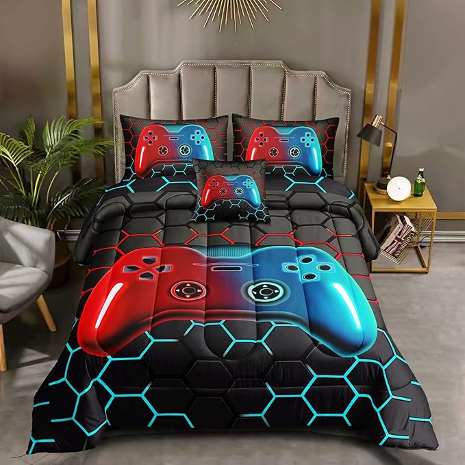 6 Pieces Bed in A Bag Gamer Bedding Set for Boys Kids Adult Gaming Comforters Set,Boys Bed in A Bag Set Queen Size Comforter with Fitted Sheet Flat Sheet Pillowcase pillowsham,DJTH5028Queen - LeafyLoom