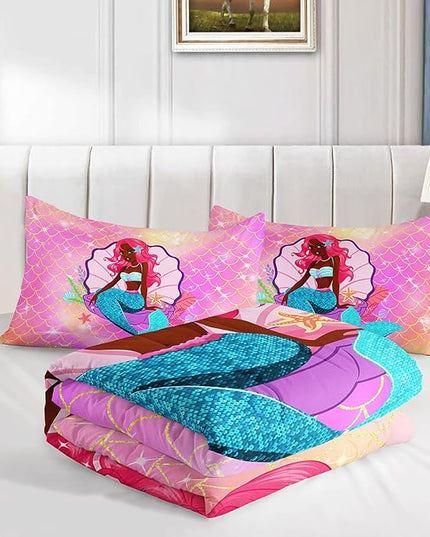 Datura home Bedding Comforter Set Black Girl Magic Mermaid Printed Pattern Quilt with 1 and 2 Pillowcases for Girls Bedroom All Season(Black Pink Queen) Queen 90x90inches - LeafyLoom