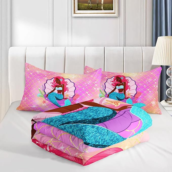 Datura home Bedding Comforter Set Black Girl Magic Mermaid Printed Pattern Quilt with 1 and 2 Pillowcases for Girls Bedroom All Season(Black Pink Full) Full 80x90inches - LeafyLoom