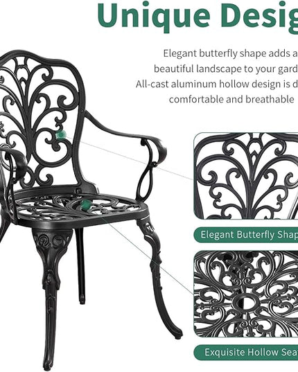 Bistro Table and Chairs Set of 2 with Umbrella Hole,Cast Aluminum Patio Bistro Sets 3 Piece,Outdoor Bistro Table Set,Patio Furniture Set for Front Porch Set,Garden(Butterfly Black) - LeafyLoom