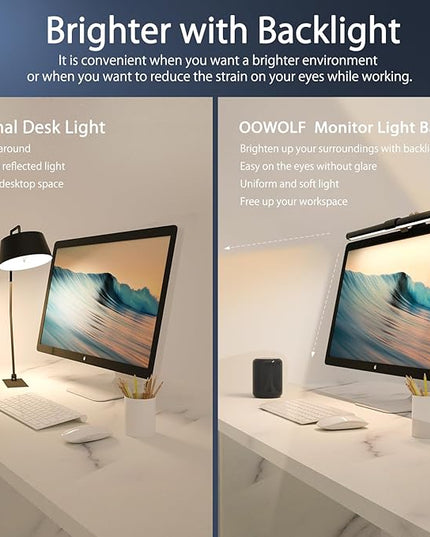 OOWOLF Monitor Light Bar (Pack of 2) Screen Light Bar,CRI≥95 Desk Lamp for Eye-Caring,No Glare,Dual Light,Filter Blue-Light,3-Color Mode,Memory Dimming,e-Reading Task Lamp,Computer Light for Desk - LeafyLoom