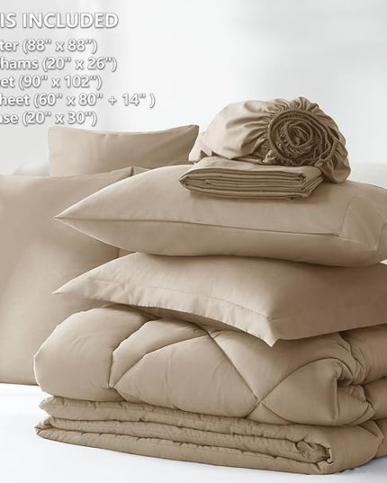 CozyLux Queen Comforter Set with Sheets 7 Pieces Bed in a Bag Taupe All Season Bedding Sets with Comforter, Pillow Shams, Flat Sheet, Fitted Sheet and Pillowcases - LeafyLoom