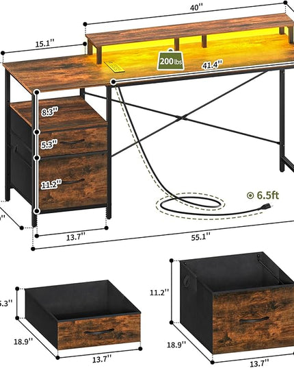 Yoobure Computer Desk, Office Desk with LED Lights & Power Outlets, Gaming Desk with Fabric File Cabinet, 55.1" Home Office Desks， Writing Desk with Drawers, Computer Table with Long Monitor Stand - LeafyLoom