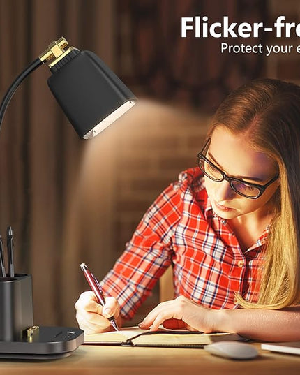 LED Desk Lamp with USB Charging Port Touch control 3 Color Modes, Stepless Dimming, Home office Desk Lamp, LED Small Desk Lamp in University Dormitory, Study Desk Lamp, Gooseneck Lamp - LeafyLoom