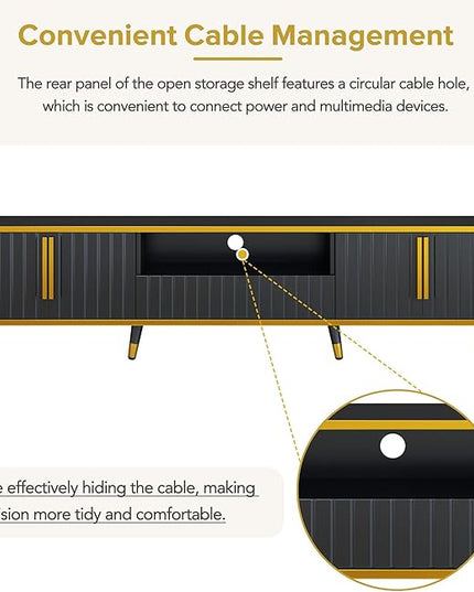 TV Stand with Open Storage Shelf and 2 Cabinets, 79" Luxury Minimalism Television Stands with Drawers and Unique Legs, TV Console Cabinet for for Living Room, Easy Assembly, Gold+Black - LeafyLoom