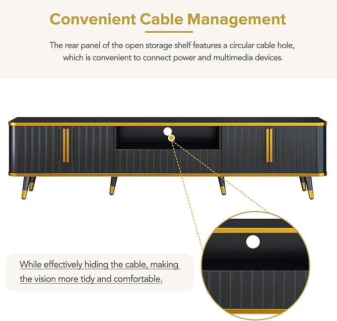 TV Stand with Open Storage Shelf and 2 Cabinets, 79" Luxury Minimalism Television Stands with Drawers and Unique Legs, TV Console Cabinet for for Living Room, Easy Assembly, Gold+Black - LeafyLoom