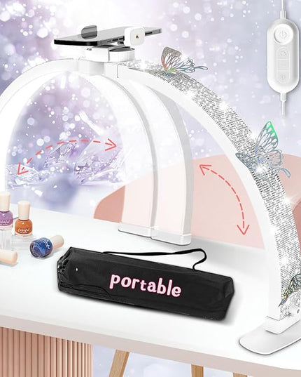 Half Moon Light for Nail Desk, Foldable 29" Nail Light for Desk, 180° Ultra-bright Nail Tech Desk Lamp, Portable Half Moon Lamp with Phone Holder & Organizer Bag - Sliver Diamond - LeafyLoom
