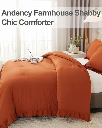 Andency Terracotta Ruffle Comforter King(104x90Inch), 3 Pieces(1 Ruffled Comforter and 2 Pillowcases) Solid Farmhouse Shabby Chic Comforter, Vintage Rustic Soft Microfiber Bedding Set - LeafyLoom