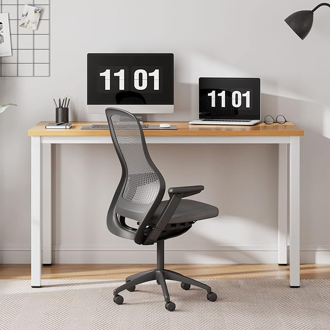 Need Computer Desk, 47 inch Home Office Desk, Modern Simple Style Home Office Gaming Desk, Basic Writing Table for Study Student, White Metal Frame, Teak - LeafyLoom