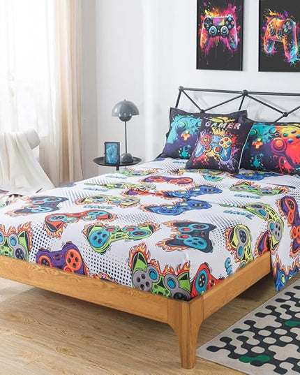 ADASMILE A & S Gamer Comforter Sets for Boys Teens 6 Pieces Gaming Bedding Set Full Size Colorful Video Game Gaming Comforter for Kids Gamer Bed in A Bag Comforter with Gamer Sheets Home Decor - LeafyLoom